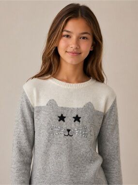 Crewcuts Cat Face Sweater Girls Size 16 Gray Ivory Wool Blend